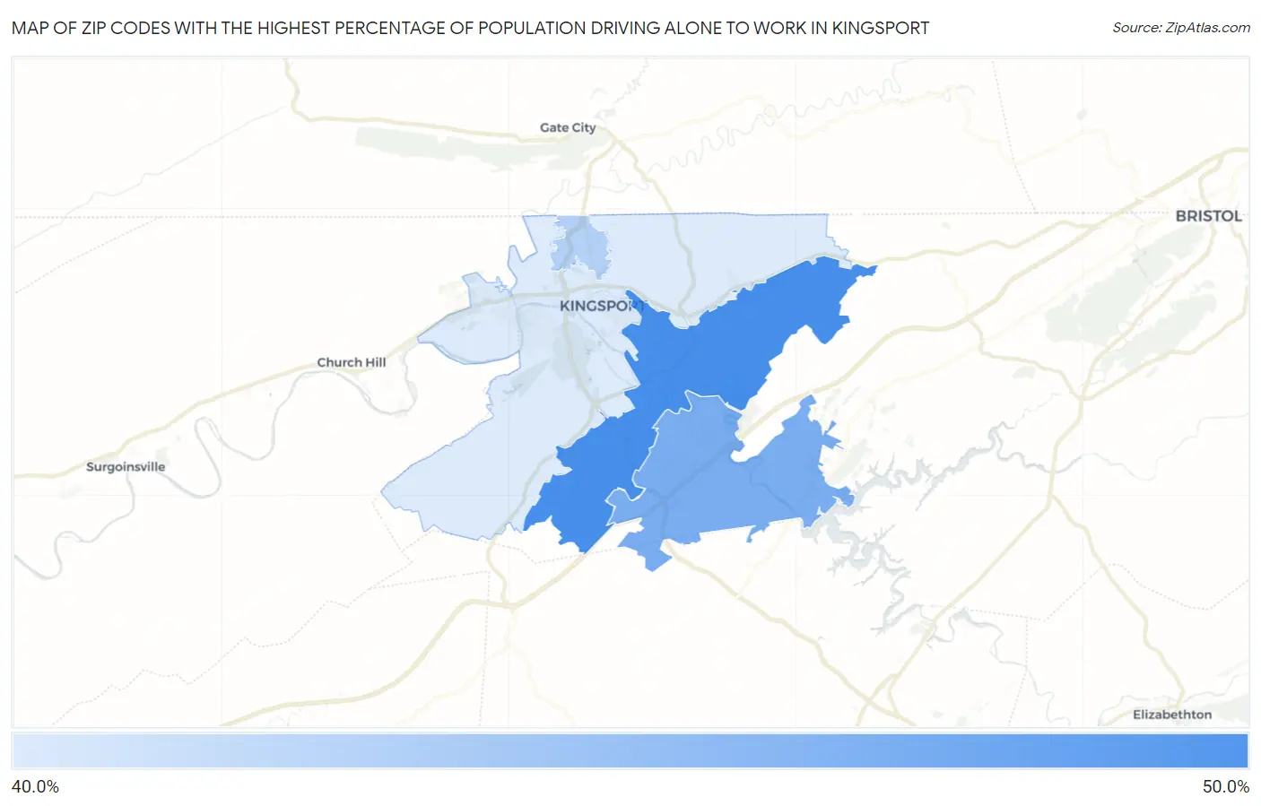 Zip Codes with the Highest Percentage of Population Driving Alone to Work in Kingsport Map