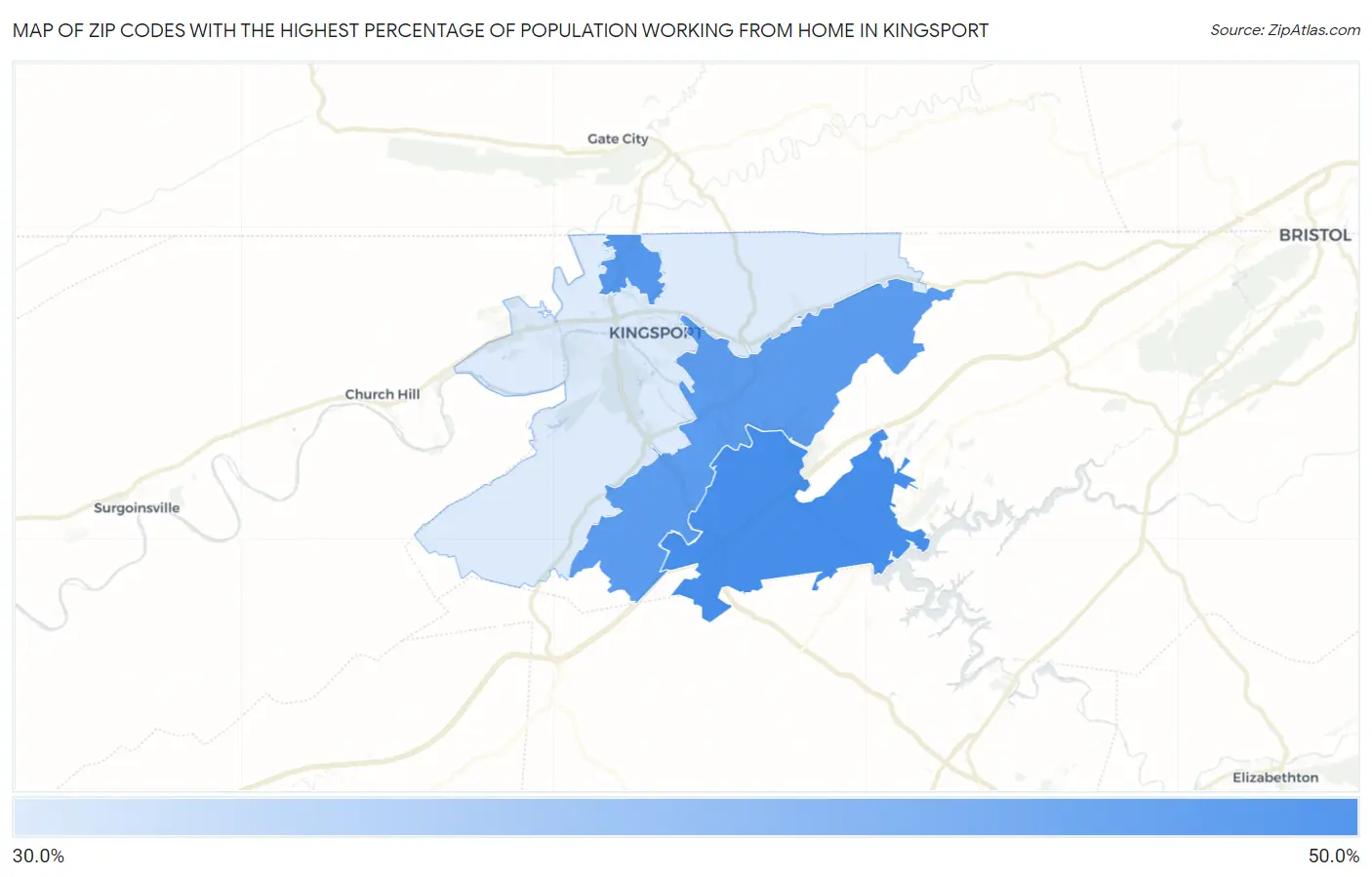 Zip Codes with the Highest Percentage of Population Working from Home in Kingsport Map