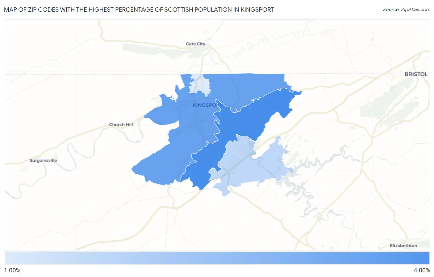 Zip Codes with the Highest Percentage of Scottish Population in Kingsport Map