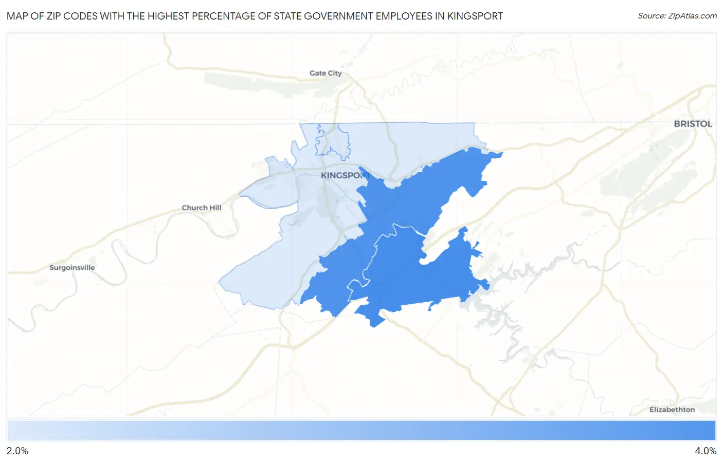 Zip Codes with the Highest Percentage of State Government Employees in Kingsport Map