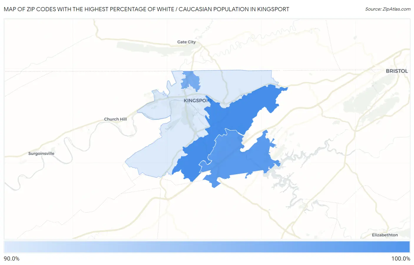 Zip Codes with the Highest Percentage of White / Caucasian Population in Kingsport Map