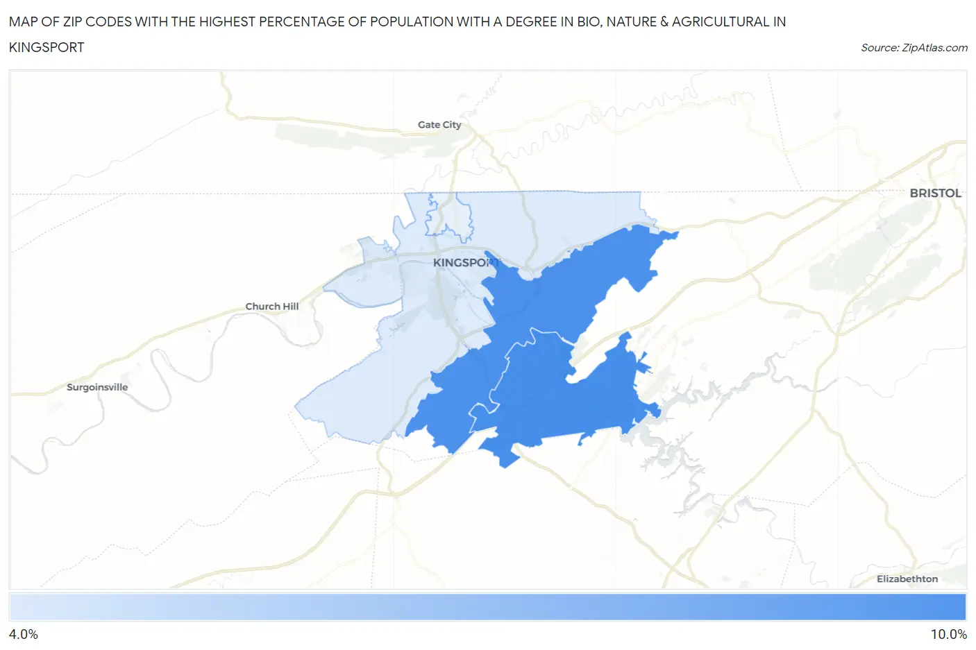 Zip Codes with the Highest Percentage of Population with a Degree in Bio, Nature & Agricultural in Kingsport Map