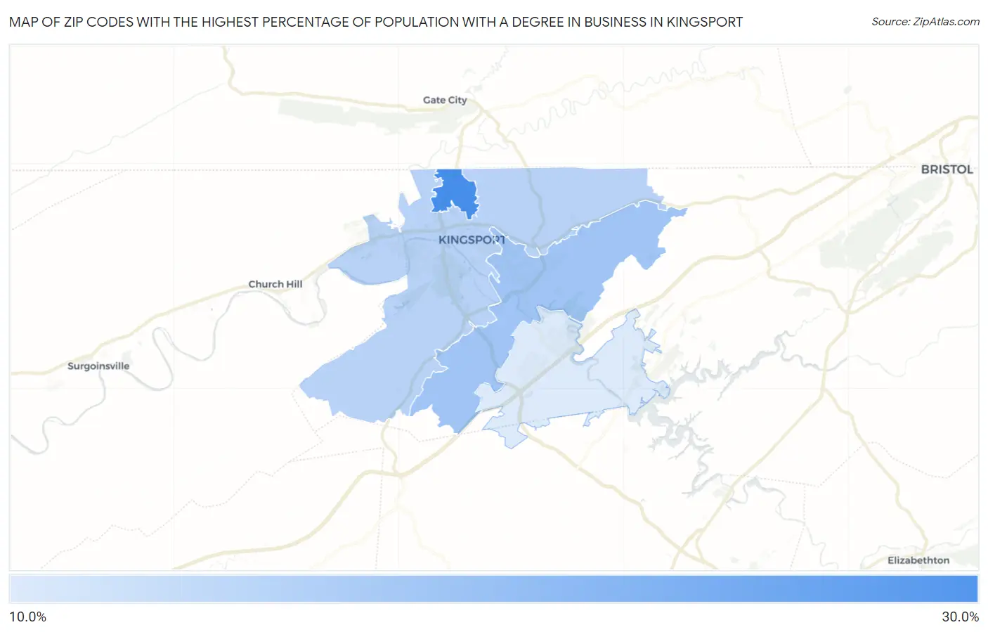 Zip Codes with the Highest Percentage of Population with a Degree in Business in Kingsport Map