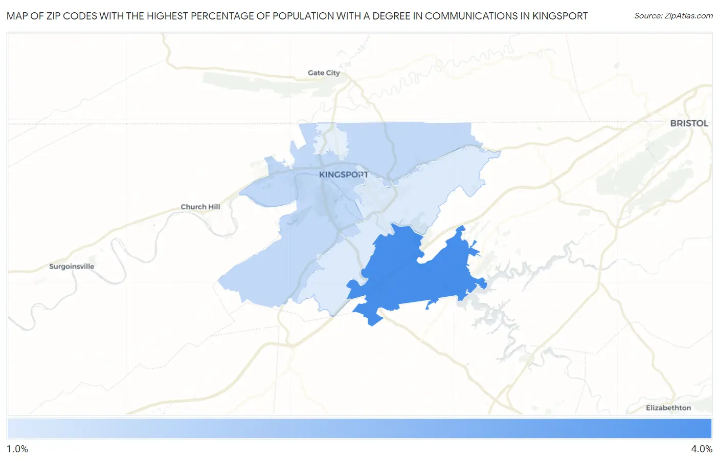 Zip Codes with the Highest Percentage of Population with a Degree in Communications in Kingsport Map