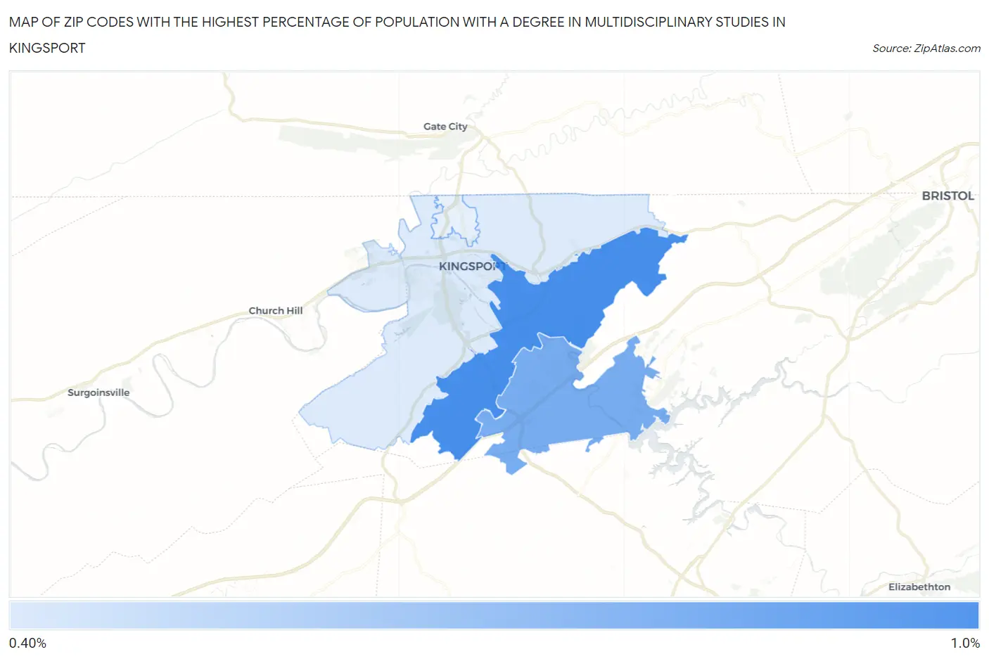 Zip Codes with the Highest Percentage of Population with a Degree in Multidisciplinary Studies in Kingsport Map