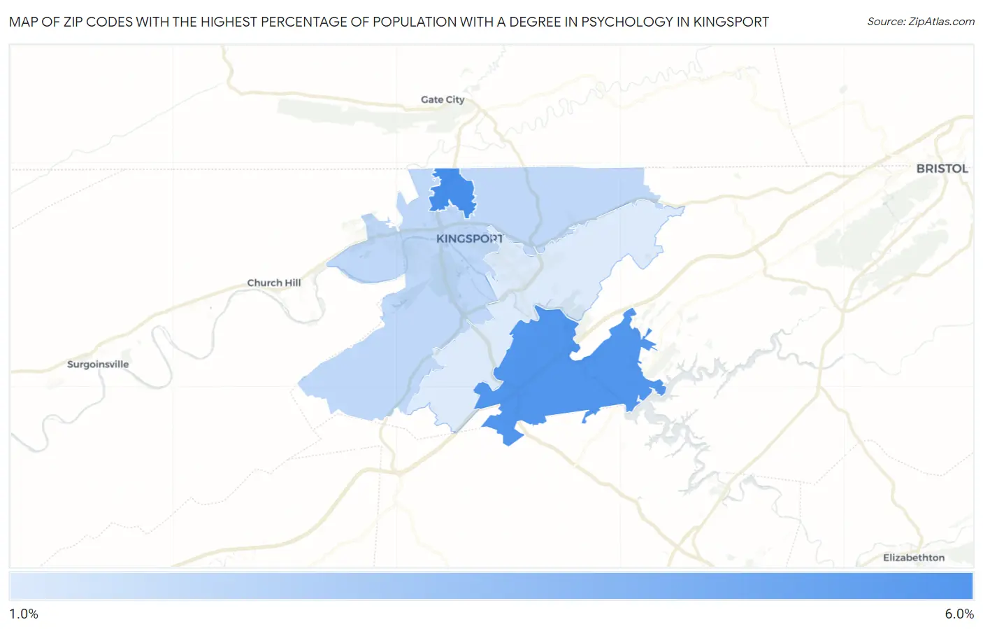 Zip Codes with the Highest Percentage of Population with a Degree in Psychology in Kingsport Map