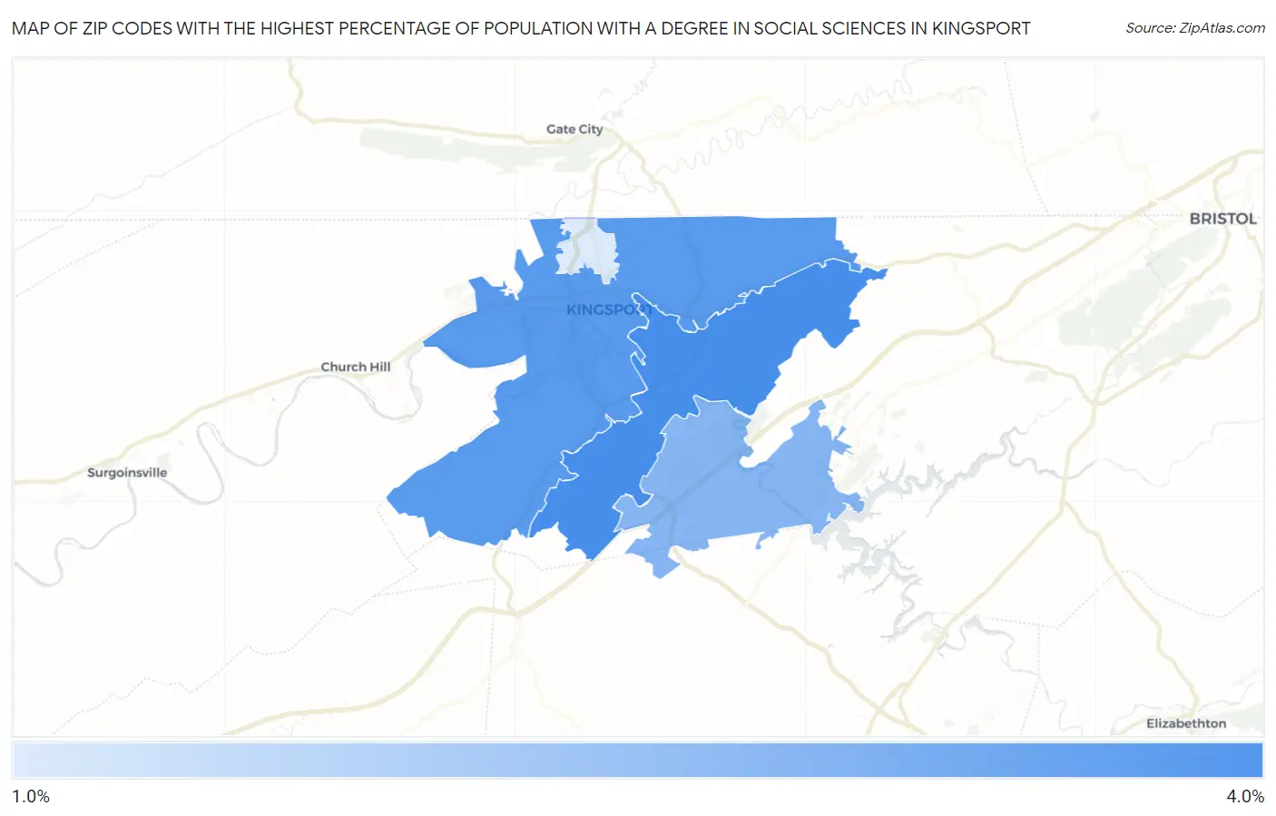 Zip Codes with the Highest Percentage of Population with a Degree in Social Sciences in Kingsport Map
