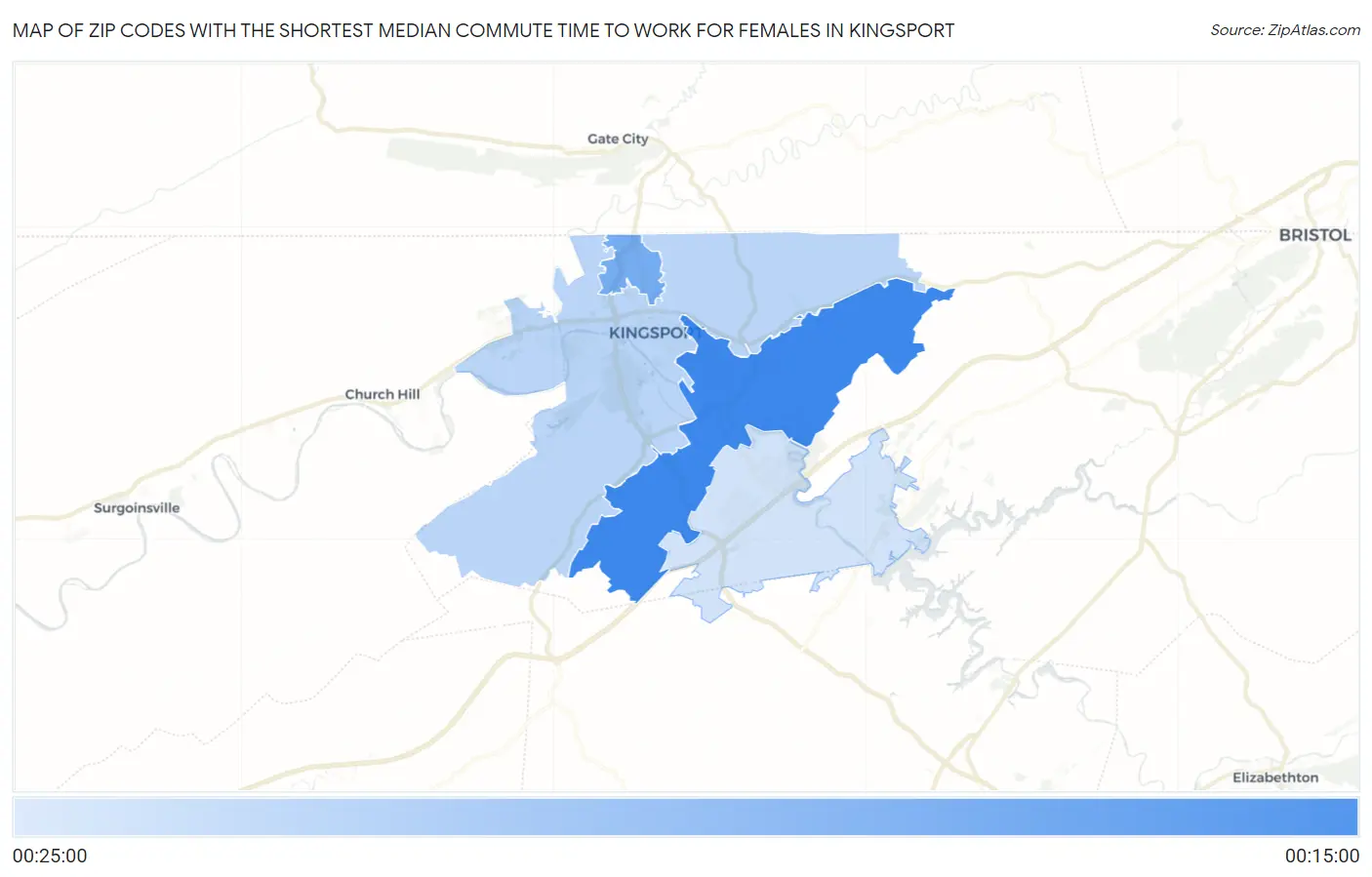Zip Codes with the Shortest Median Commute Time to Work for Females in Kingsport Map