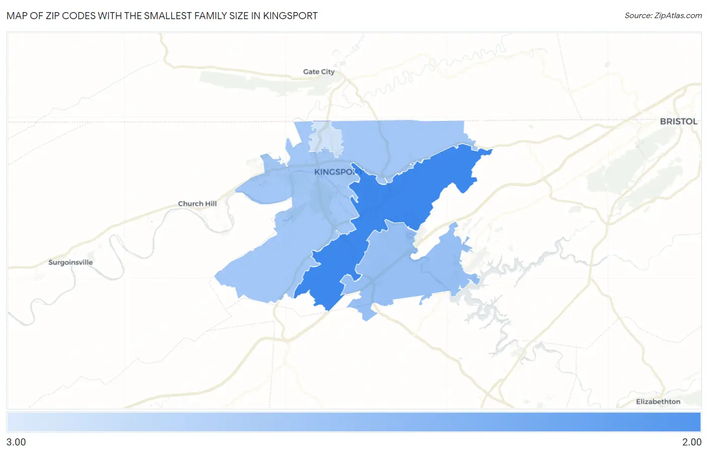 Zip Codes with the Smallest Family Size in Kingsport Map