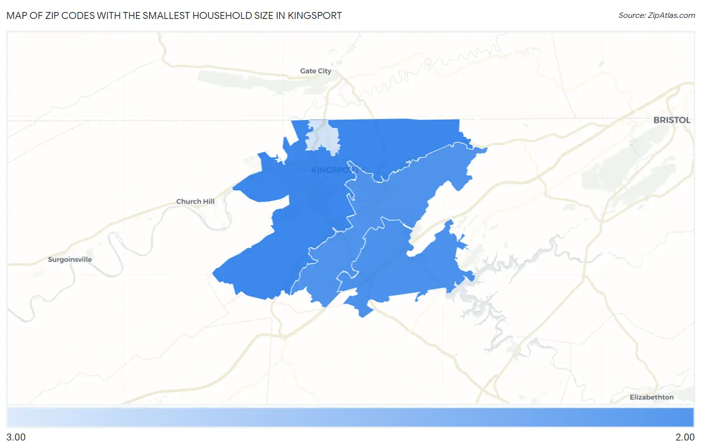 Zip Codes with the Smallest Household Size in Kingsport Map
