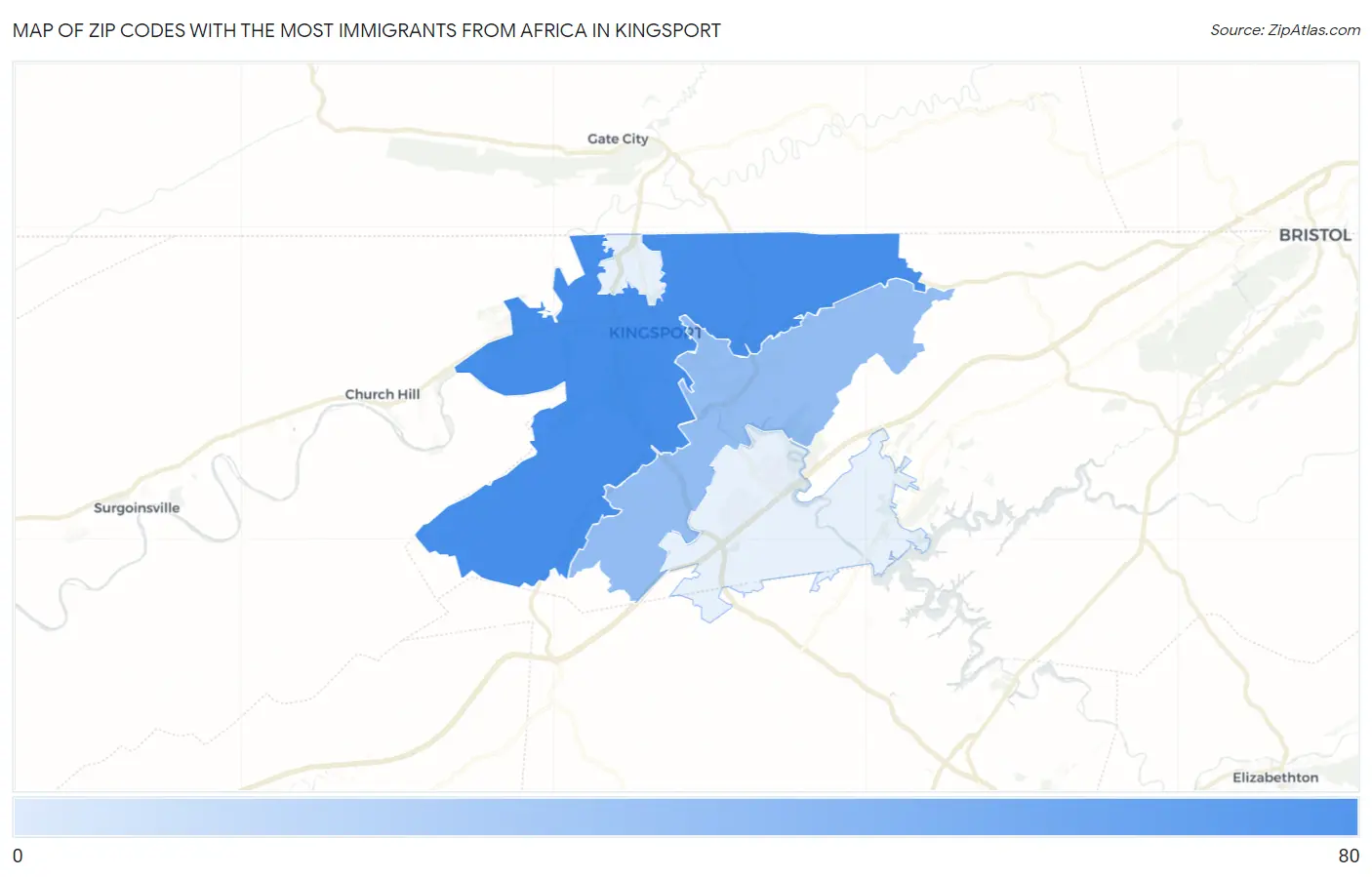 Zip Codes with the Most Immigrants from Africa in Kingsport Map