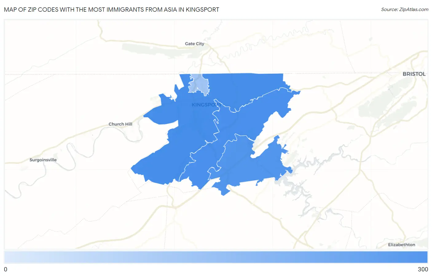 Zip Codes with the Most Immigrants from Asia in Kingsport Map