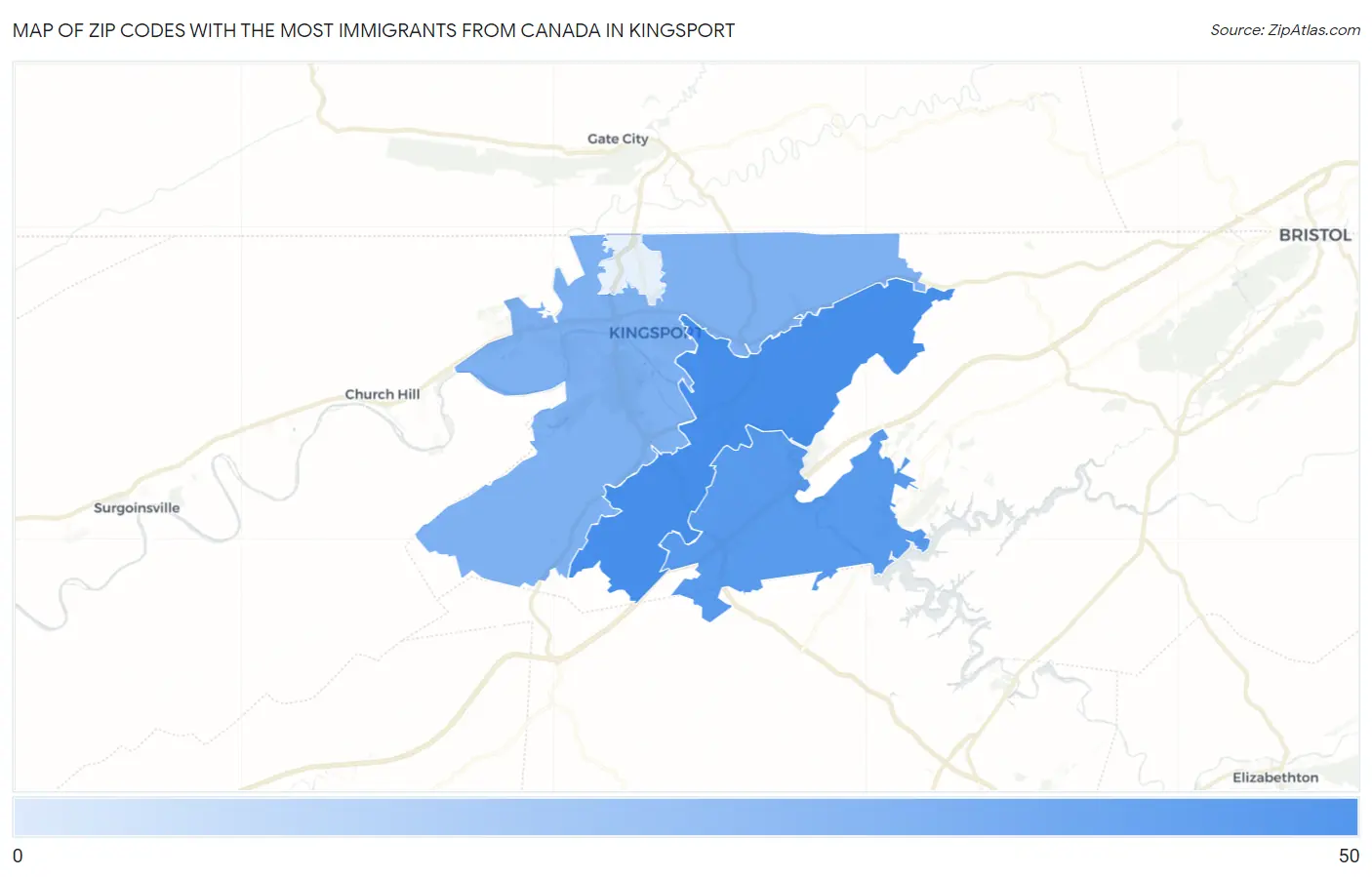 Zip Codes with the Most Immigrants from Canada in Kingsport Map