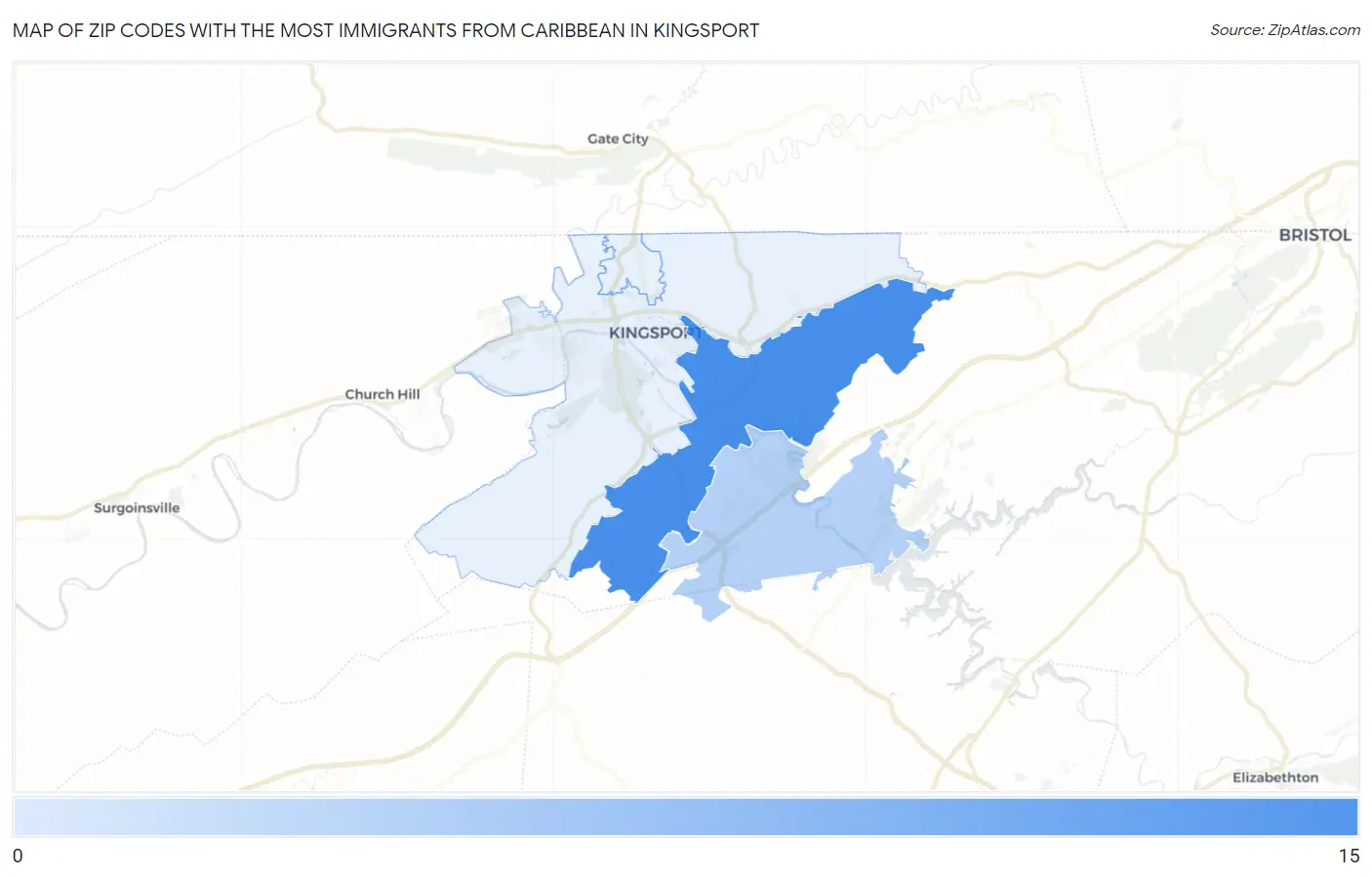 Zip Codes with the Most Immigrants from Caribbean in Kingsport Map