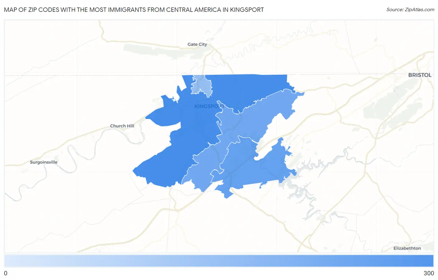 Zip Codes with the Most Immigrants from Central America in Kingsport Map