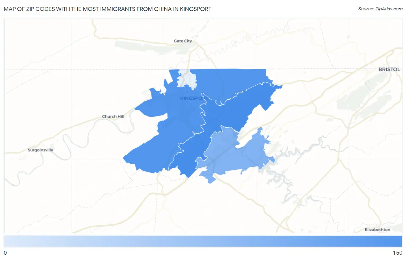 Zip Codes with the Most Immigrants from China in Kingsport Map