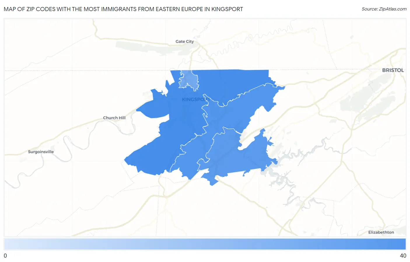 Zip Codes with the Most Immigrants from Eastern Europe in Kingsport Map