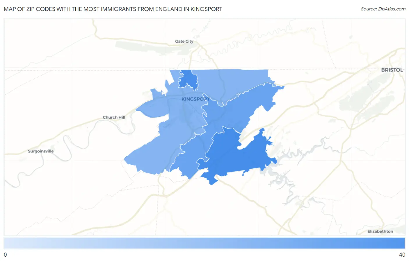 Zip Codes with the Most Immigrants from England in Kingsport Map