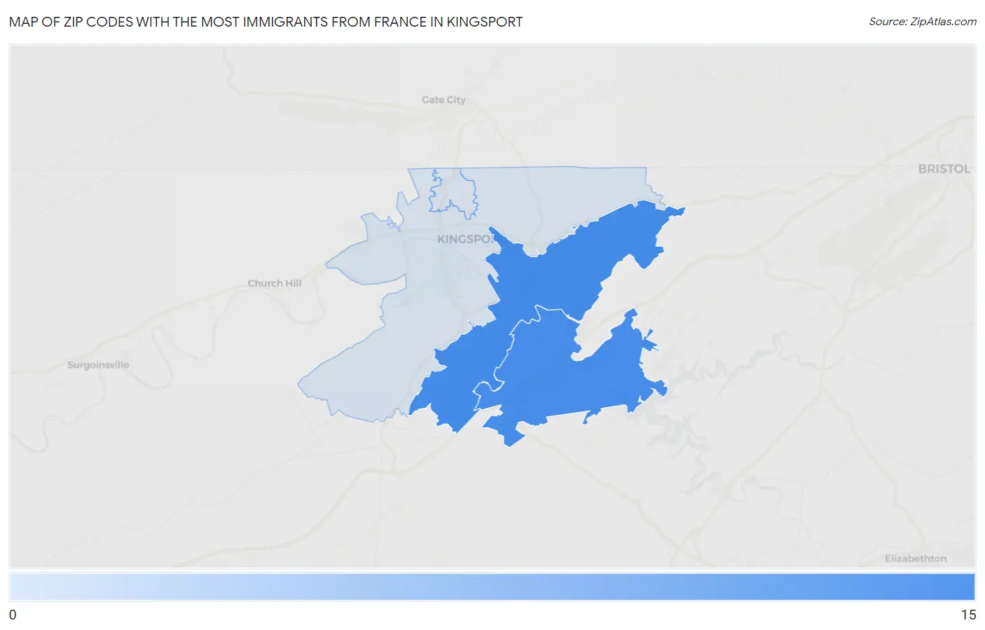 Zip Codes with the Most Immigrants from France in Kingsport Map