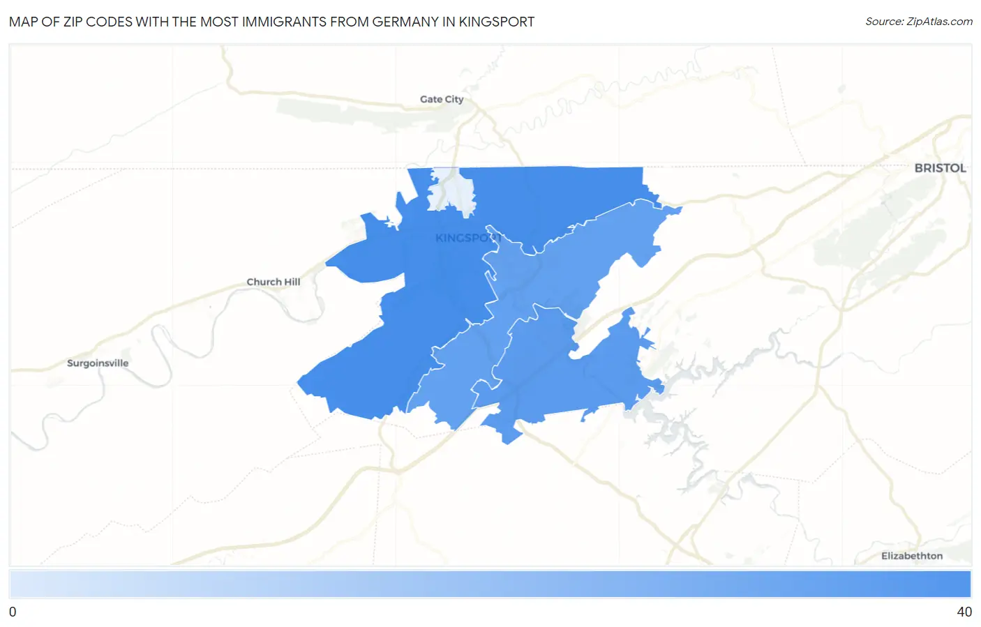 Zip Codes with the Most Immigrants from Germany in Kingsport Map