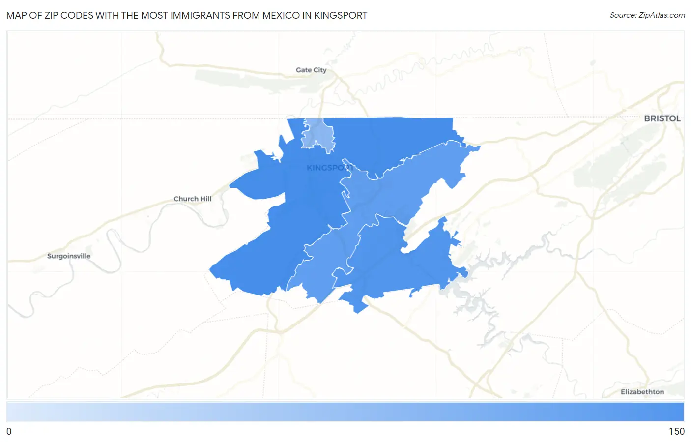 Zip Codes with the Most Immigrants from Mexico in Kingsport Map