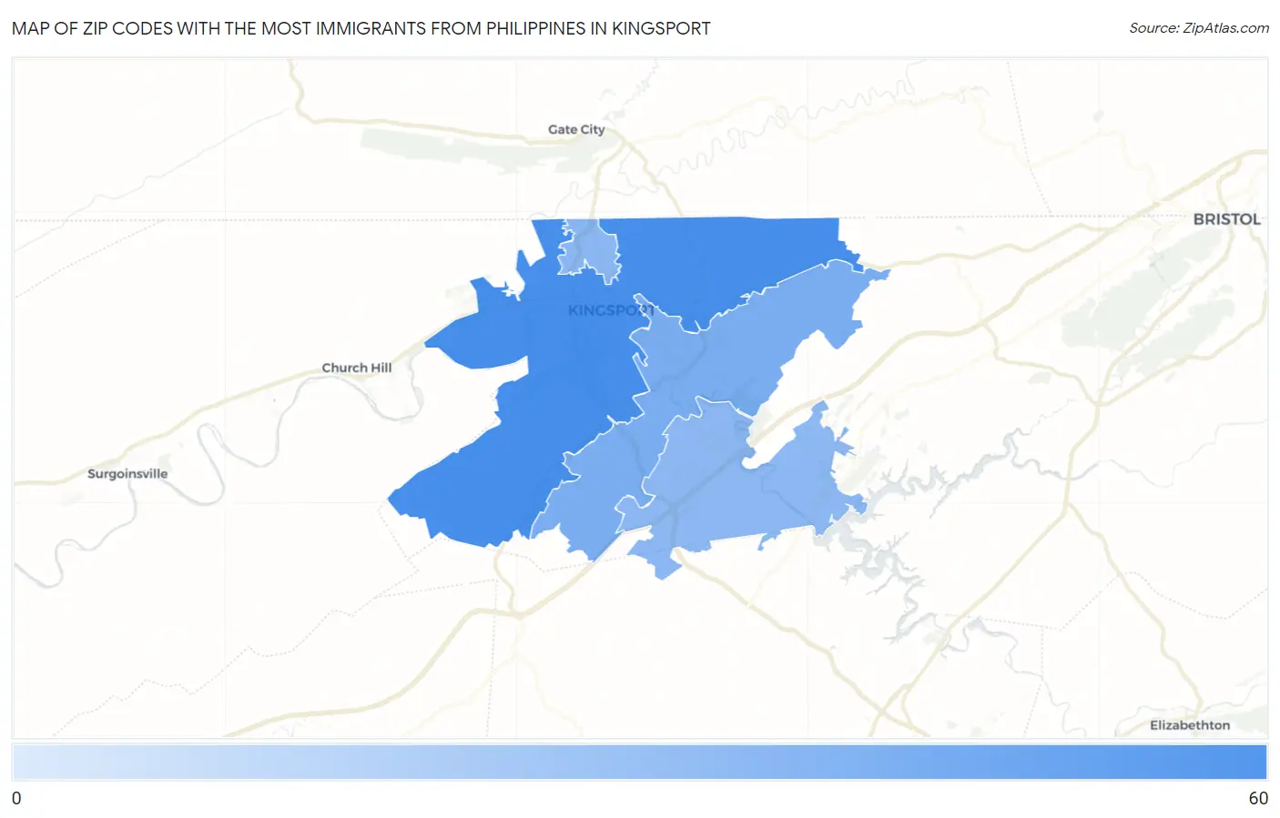 Zip Codes with the Most Immigrants from Philippines in Kingsport Map