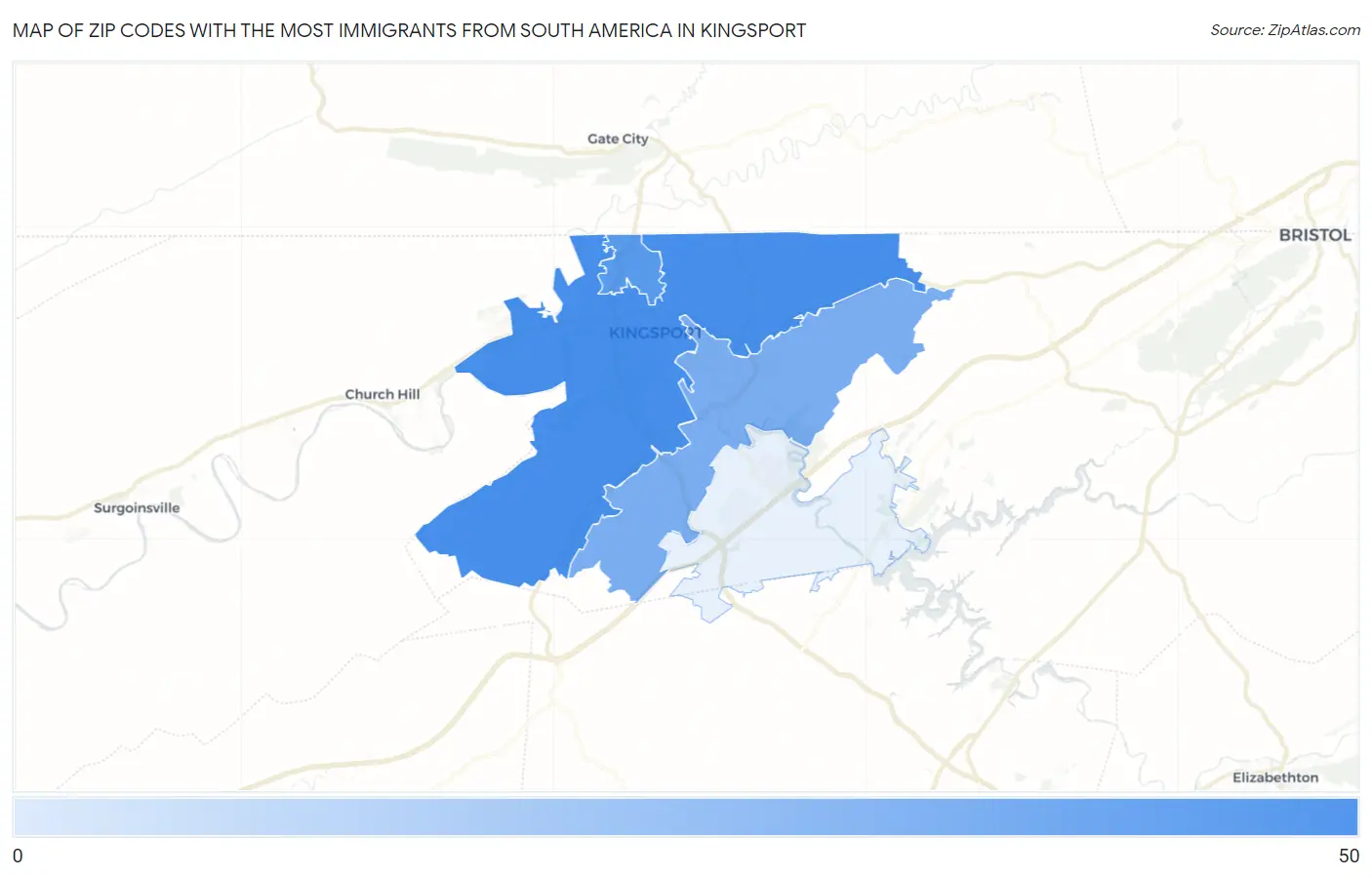 Zip Codes with the Most Immigrants from South America in Kingsport Map