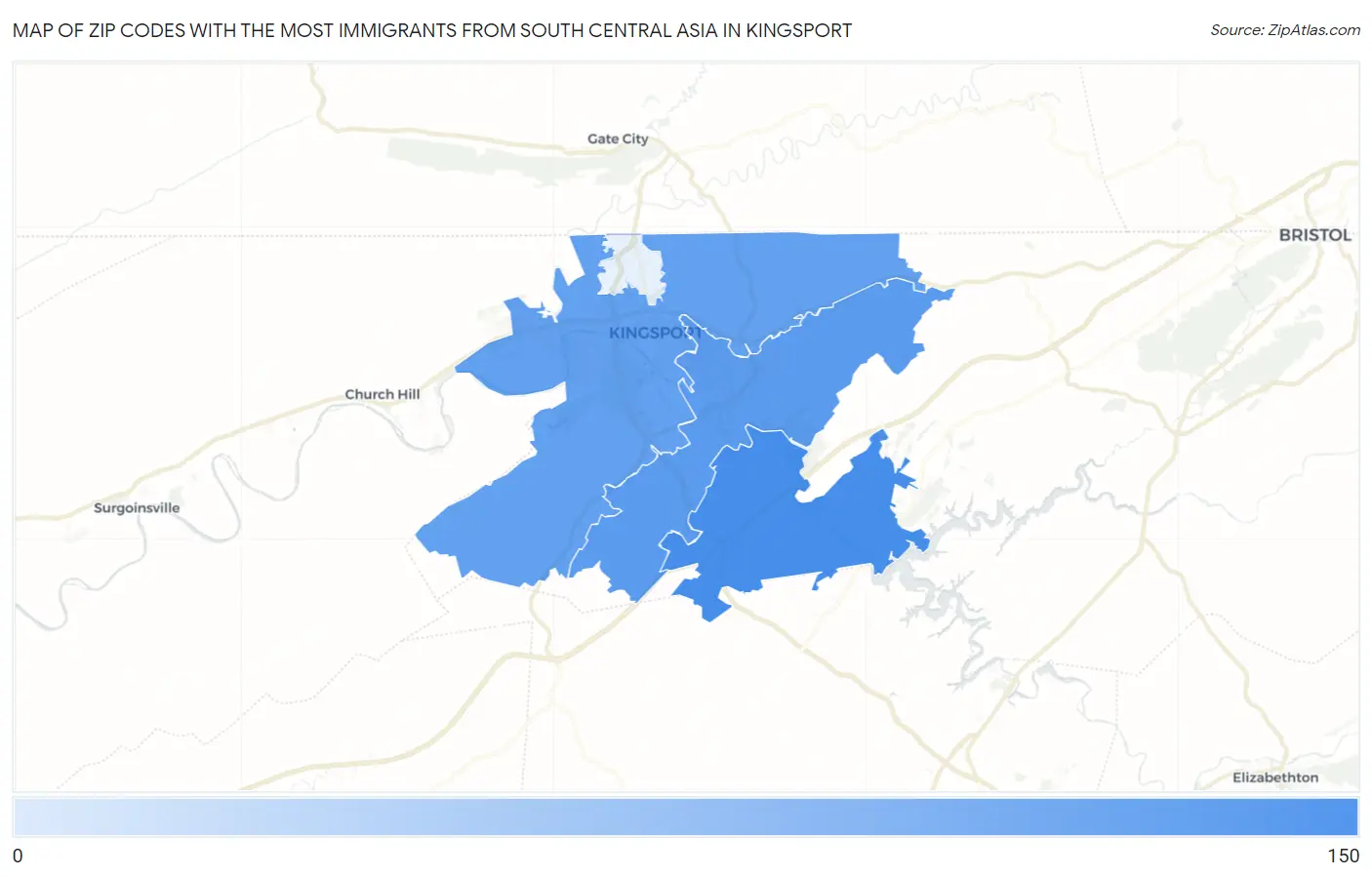 Zip Codes with the Most Immigrants from South Central Asia in Kingsport Map