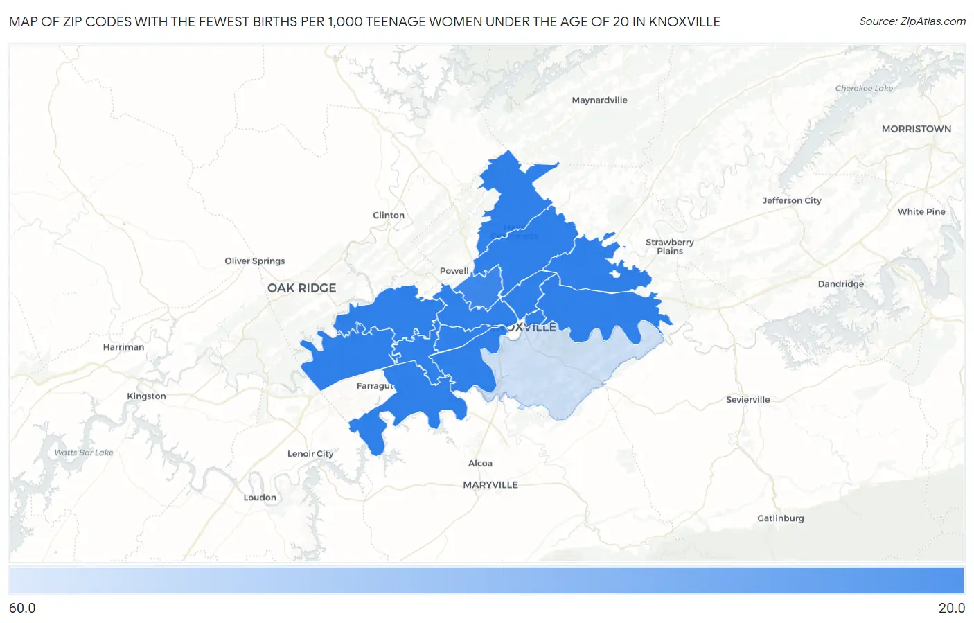 Zip Codes with the Fewest Births per 1,000 Teenage Women Under the Age of 20 in Knoxville Map
