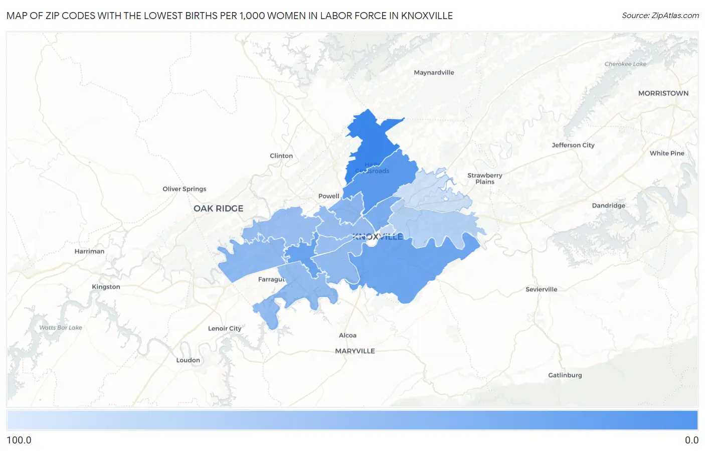 Zip Codes with the Lowest Births per 1,000 Women in Labor Force in Knoxville Map