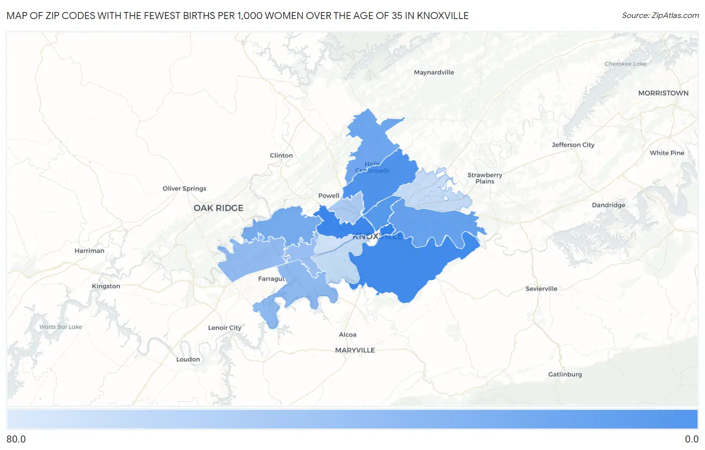 Zip Codes with the Fewest Births per 1,000 Women Over the Age of 35 in Knoxville Map