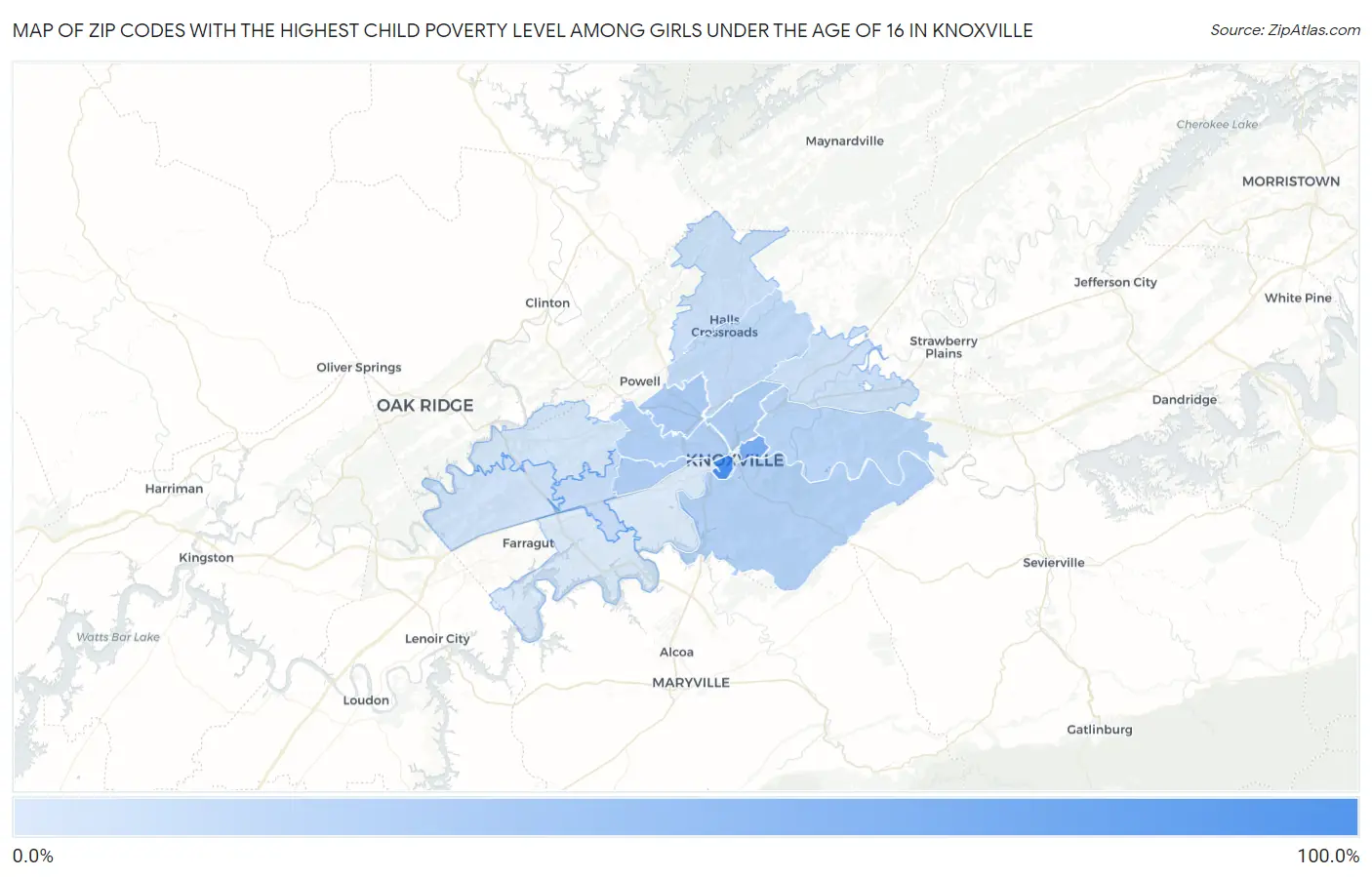 Zip Codes with the Highest Child Poverty Level Among Girls Under the Age of 16 in Knoxville Map