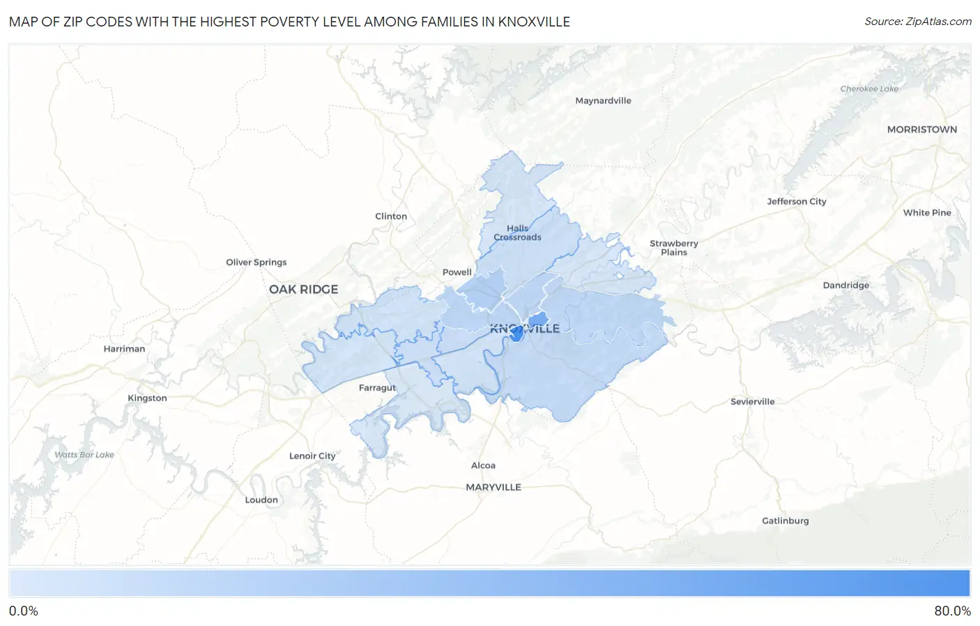 Zip Codes with the Highest Poverty Level Among Families in Knoxville Map
