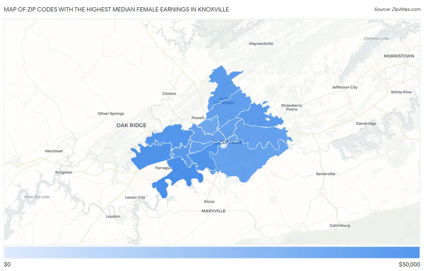 Zip Codes with the Highest Median Female Earnings in Knoxville Map