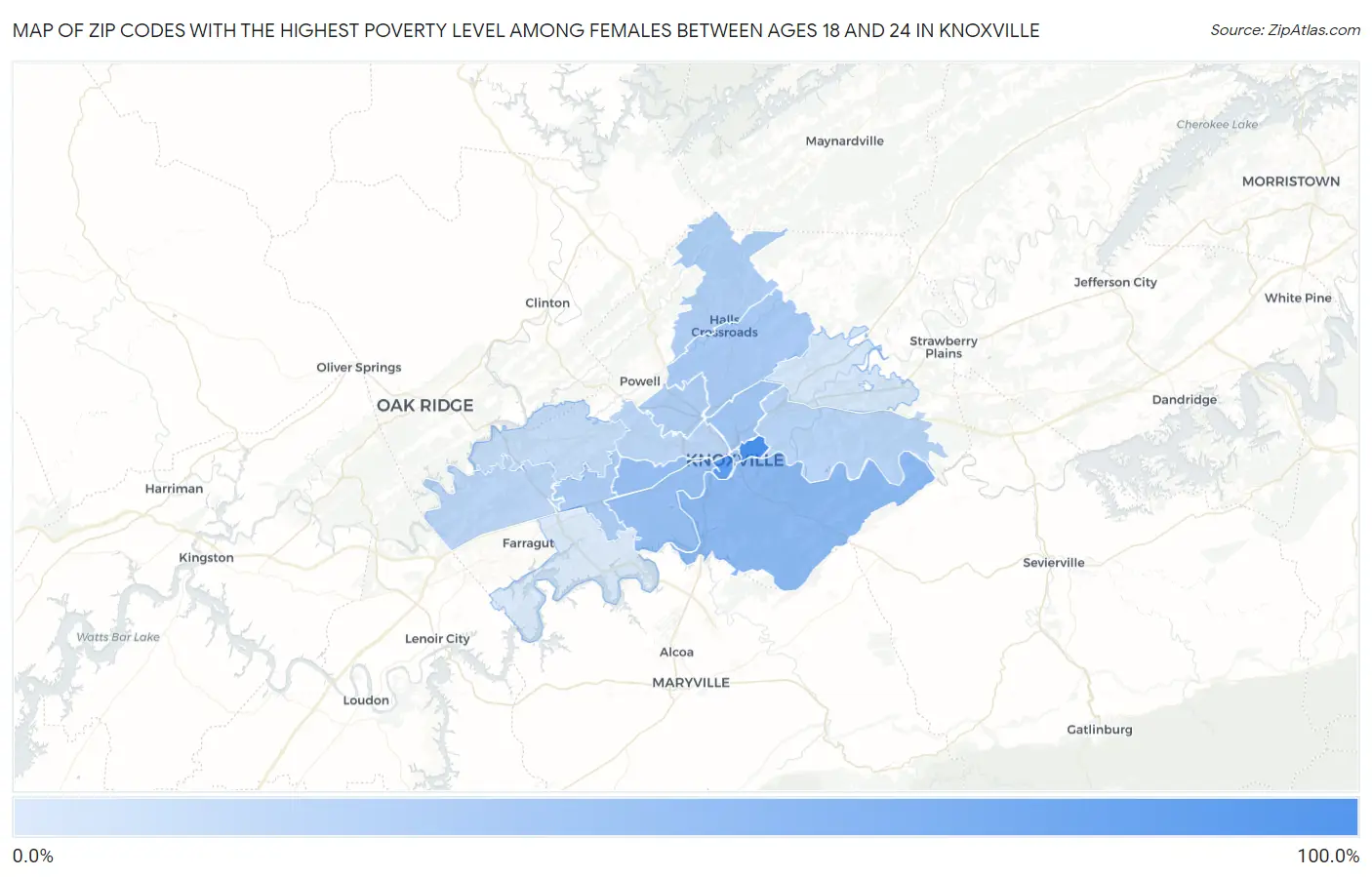 Zip Codes with the Highest Poverty Level Among Females Between Ages 18 and 24 in Knoxville Map