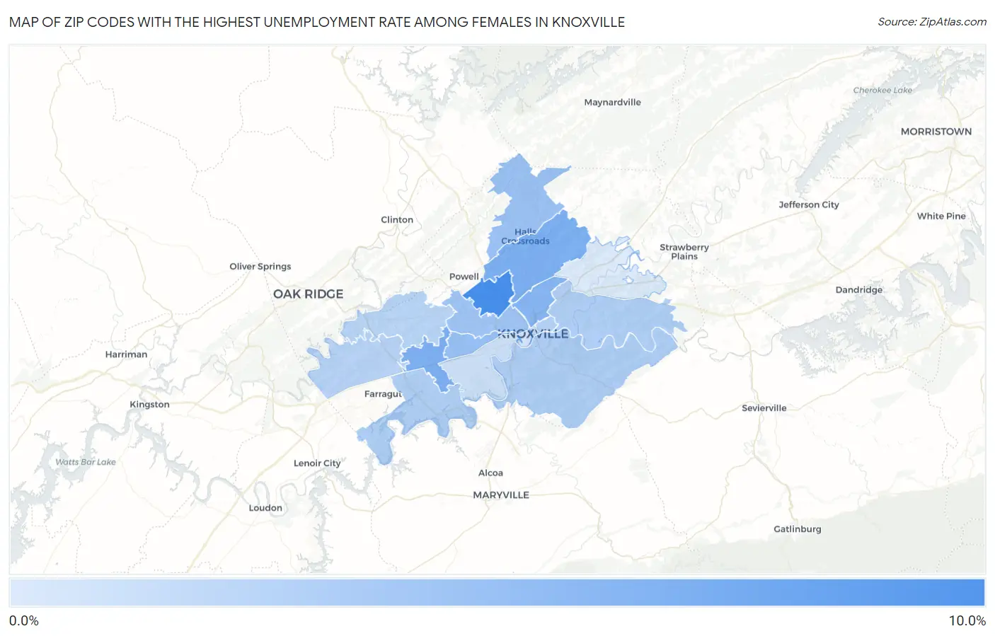 Zip Codes with the Highest Unemployment Rate Among Females in Knoxville Map