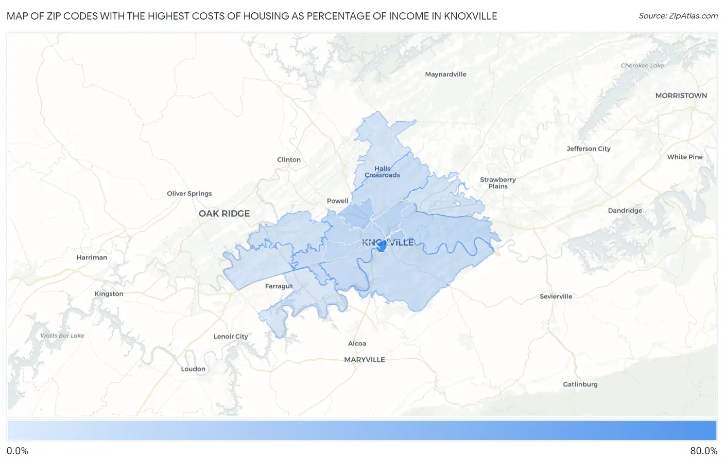 Zip Codes with the Highest Costs of Housing as Percentage of Income in Knoxville Map