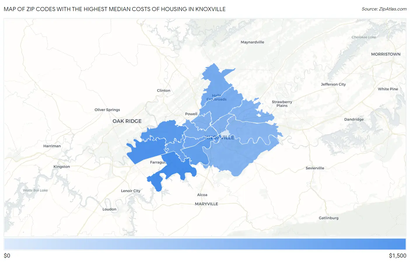 Zip Codes with the Highest Median Costs of Housing in Knoxville Map