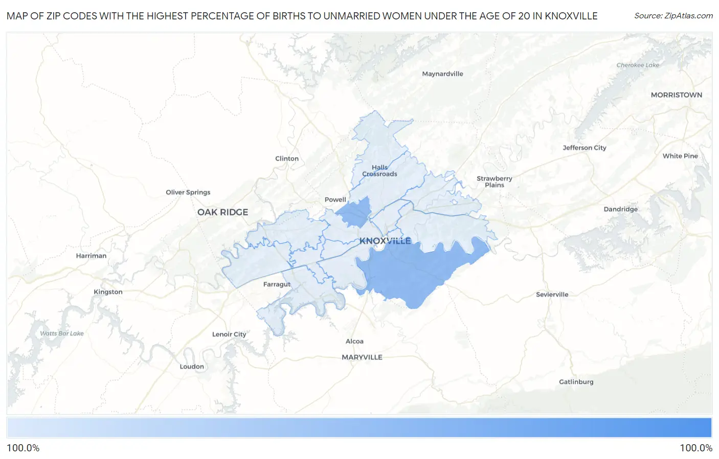 Zip Codes with the Highest Percentage of Births to Unmarried Women under the Age of 20 in Knoxville Map