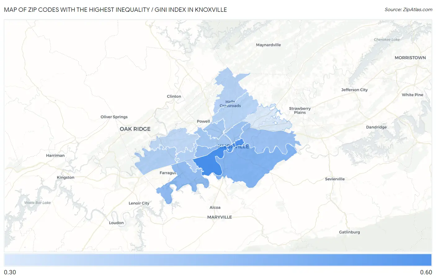 Zip Codes with the Highest Inequality / Gini Index in Knoxville Map