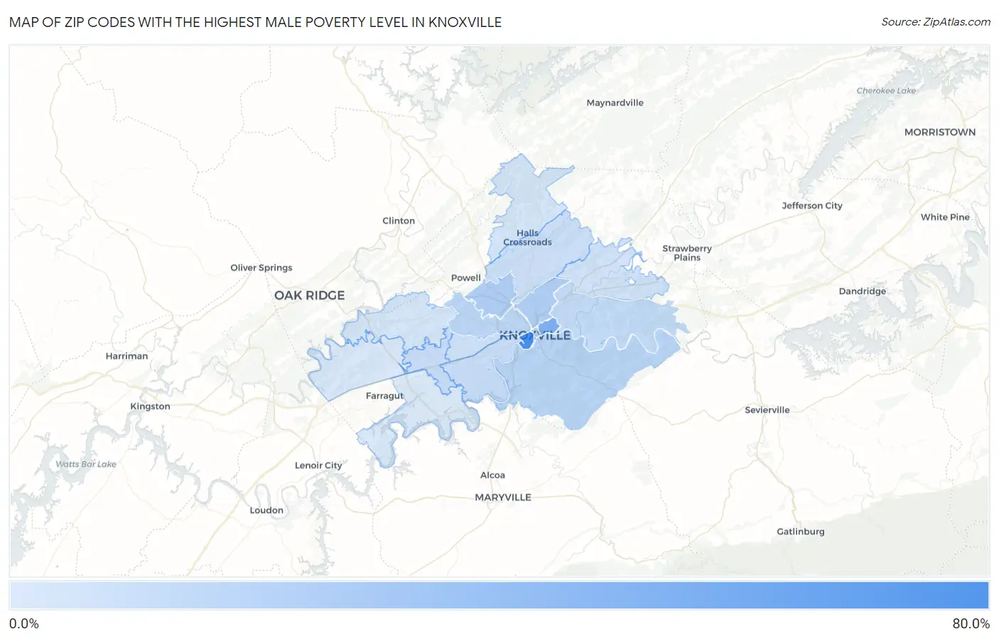 Zip Codes with the Highest Male Poverty Level in Knoxville Map