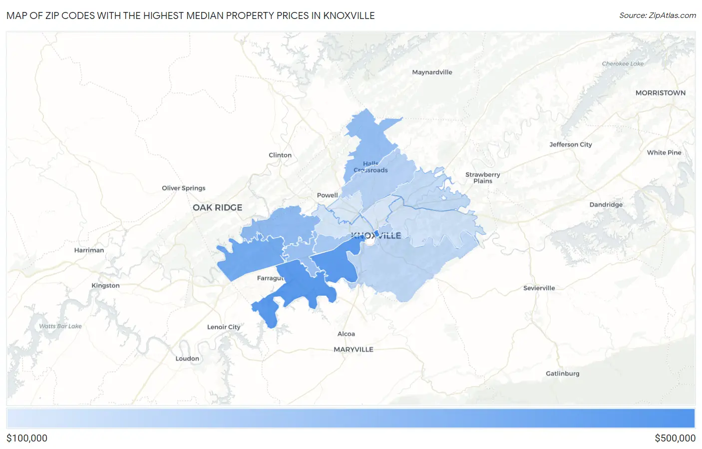 Zip Codes with the Highest Median Property Prices in Knoxville Map