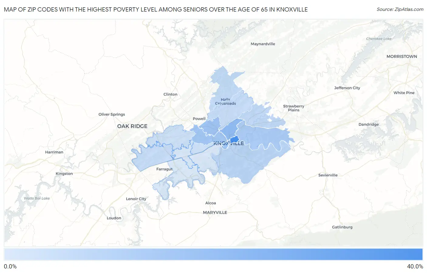 Zip Codes with the Highest Poverty Level Among Seniors Over the Age of 65 in Knoxville Map