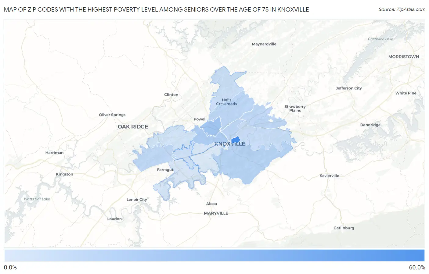 Zip Codes with the Highest Poverty Level Among Seniors Over the Age of 75 in Knoxville Map