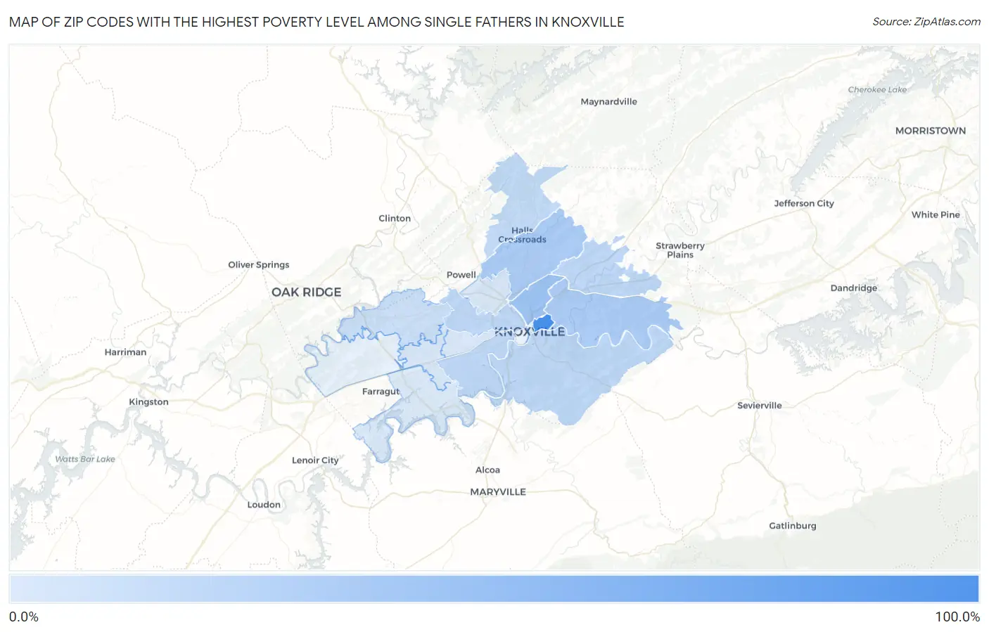 Zip Codes with the Highest Poverty Level Among Single Fathers in Knoxville Map