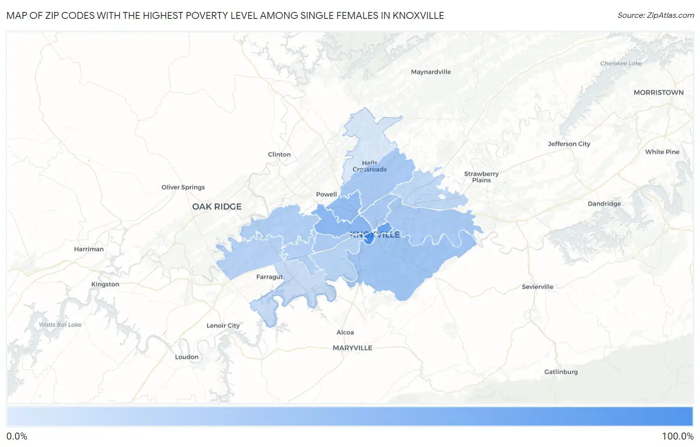 Zip Codes with the Highest Poverty Level Among Single Females in Knoxville Map
