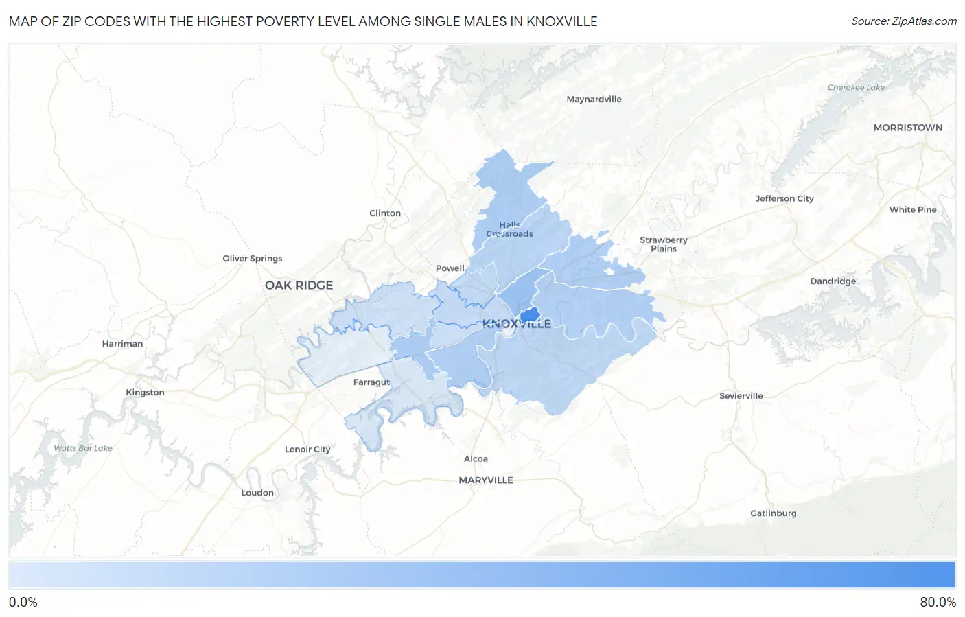 Zip Codes with the Highest Poverty Level Among Single Males in Knoxville Map