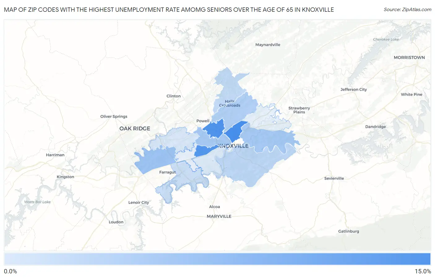 Zip Codes with the Highest Unemployment Rate Amomg Seniors Over the Age of 65 in Knoxville Map