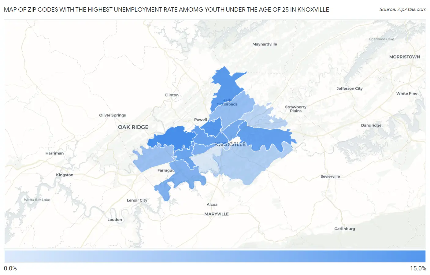Zip Codes with the Highest Unemployment Rate Amomg Youth Under the Age of 25 in Knoxville Map