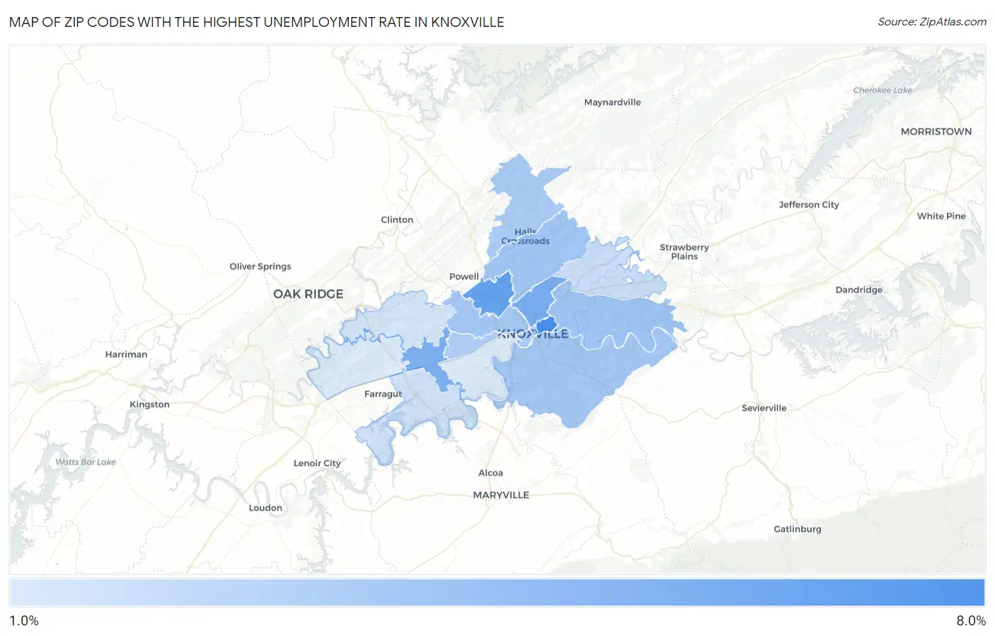 Zip Codes with the Highest Unemployment Rate in Knoxville Map